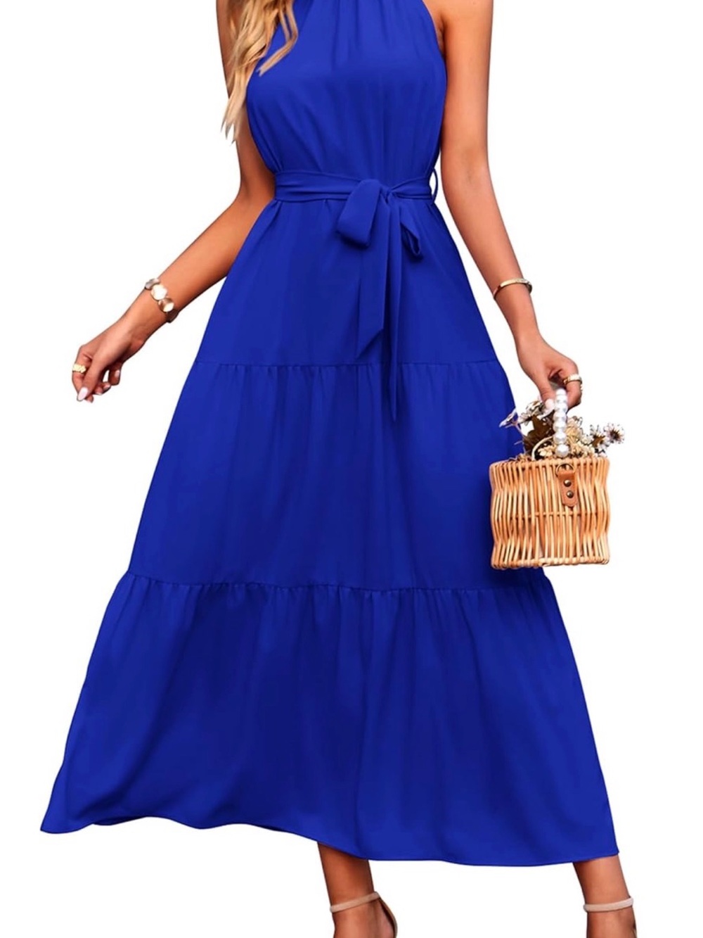 Pretty Garden Royal Blue Pleated Halter Maxi Summer Dress XL